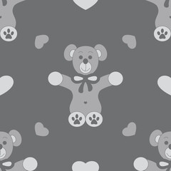 Seamless pattern. Cute bear and little hearts. Color grey. Vector illustration.