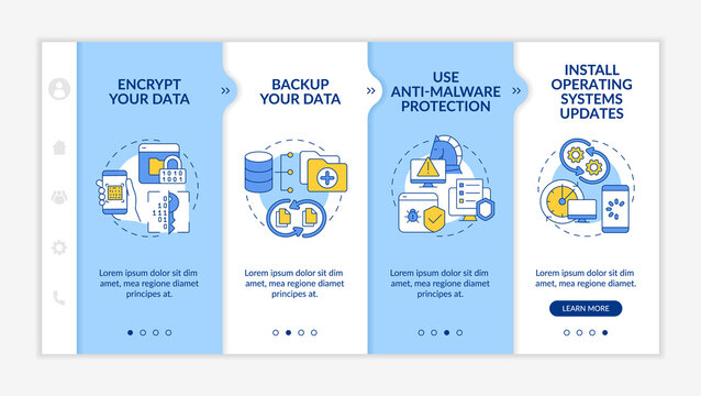 Keeping personal data protected onboarding vector template. Responsive mobile website with icons. Web page walkthrough four step screens. Internet search color concept with linear illustrations