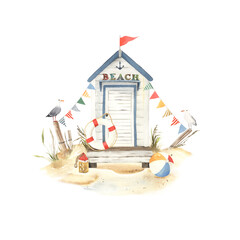Beach hut white color with decorations elements design and birds seagulls, watercolor illustration beach house with symbols summer hobbies and leisure on coast sea, ocean or lake, hand drawn print.