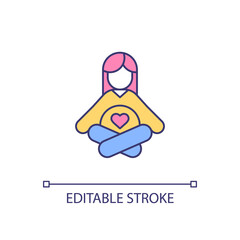 Expectant woman mental health RGB color icon. Practicing meditation. Improving mental wellbeing. Stress management. Isolated vector illustration. Simple filled line drawing. Editable stroke