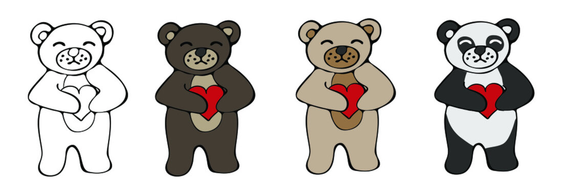 Vector hand-drawn illustration of a cute teddy bears. Beautiful animal design elements. Funny illustration of Valentine's Day toy, isolated on white background