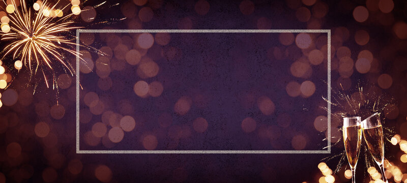 HAPPY NEW YEAR 2022, Festival, Event, festive decorative celebration Holiday, New Year's Eve Party background template - Empty frame with space for text and fireworks on dark abstract pink night - Powered by Adobe
