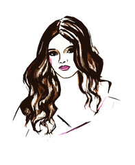 A girl with long brown hair and pink lips