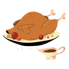 Christmas turkey and gravy vector cartoon illustration isolated on a white background.