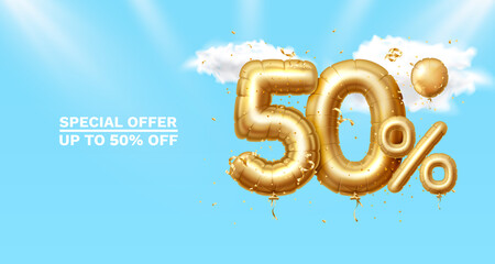 50 Off. Discount creative composition. 3d Golden sale symbol with decorative objects, heart shaped balloons, golden confetti, podium and gift box. Sale banner and poster. Vector