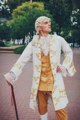 Portrait of a man in a medieval costume. Retro style and historical clothes concepts. Ukrainian Men's fashion of the 18th century