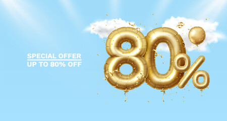 80 Off. Discount creative composition. 3d Golden sale symbol with decorative objects, heart shaped balloons, golden confetti, podium and gift box. Sale banner and poster. Vector