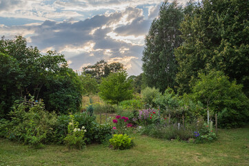 Fototapeta na wymiar Rays of evening sun breaking through the clouds over beautiful blooming countryside garden 