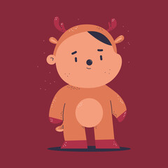 Kid in Christmas reindeer costume vector cartoon character isolated on background.