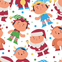 Fototapeta na wymiar Kids in Christmas costumes vector cartoon seamless pattern background for wallpaper, wrapping, packing, and backdrop.