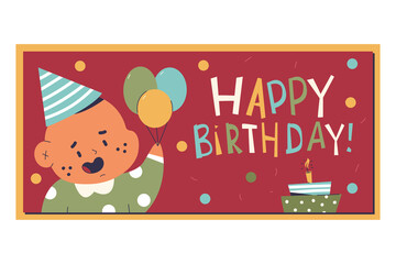 Happy birthday banner with cute kid, balloons and cake vector cartoon illustration.