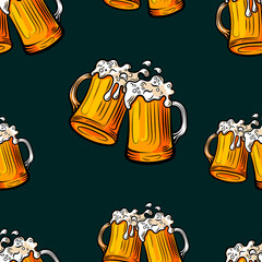 Seamless Pattern, Beer, Beer Mugs on Dark Background, Colorful.
