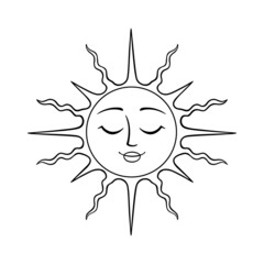 Vector silhouette line drawing of the Sun with face and closed eyes. Celestial design illustration isolated on white background. Bohemian stylized art for astrology, logo, social media, or print.