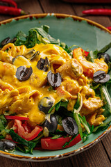 Top view on gourmet salad with seafood and greens