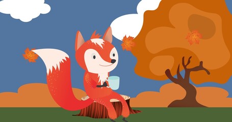 Digitally generated image of red fox having drink while sitting on tree stump in autumn season