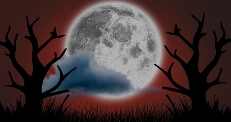 Composition of full moon and silhouette trees with cloud at night