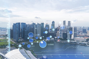 Financial stock chart hologram over panorama city view of Singapore, business center in Asia. The concept of international transactions. Double exposure.