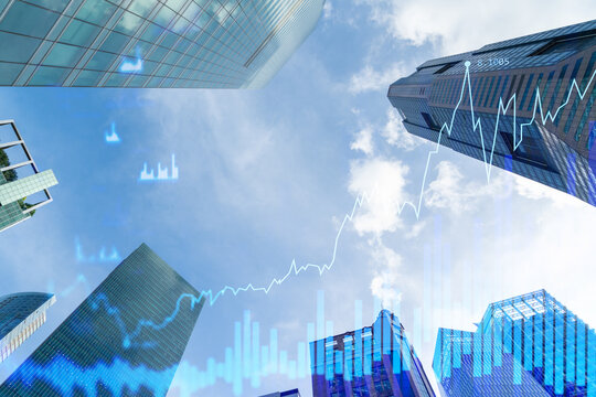 Forex and stock market chart hologram over low angle shot of Singapore skyscrapers, the financial center in Southeast Asia. The concept of international trading. Double exposure. - Powered by Adobe