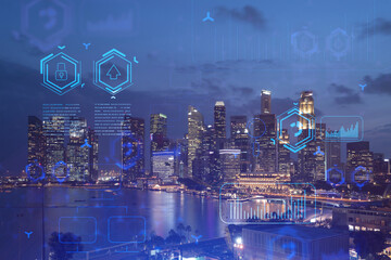 Information flow hologram, night panorama city view of Singapore. The largest technological center in Asia. The concept of programming science. Double exposure.