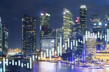 FOREX graph hologram, aerial night panoramic cityscape of Singapore, the developed location for stock market researchers in Asia. The concept of fundamental analysis. Double exposure.