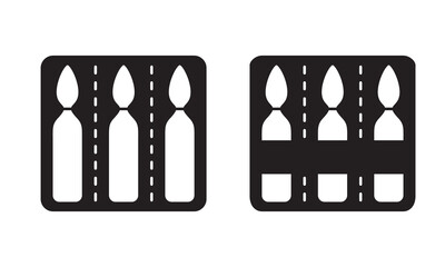 Ampoule packaging. Silhouette icon for illustration of course of treatment. Black vector of medicine in rectangular container. Contour isolated pictogram, white background