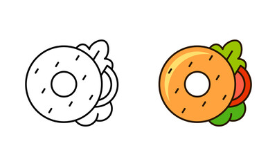 Bagel sandwich, linear and color icon. Butter donut with sesame seeds, lettuce, tomato. Outline simple vector of vegan food. Contour isolated pictogram on white background