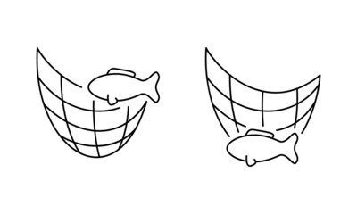 Fishnet linear icon. Outline simple vector of seine with fish. Contour isolated pictogram on white background