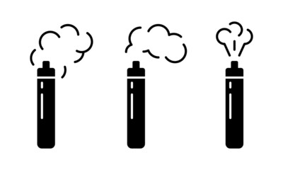 Electronic cigarette, silhouette icons set. Cylindrical vape with different shapes of smoke. Black simple vector of smoking device. Contour isolated pictogram on white background