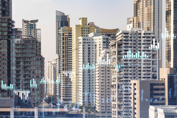 Obraz premium Forex and stock market chart hologram over panorama city view of Bangkok, the financial center in Southeast Asia. The concept of international trading. Double exposure.