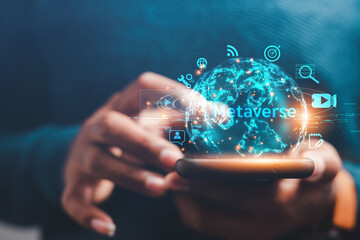 business man presenting graphic world metaverse cyber business In the business technology model, the concept of online digital processing.
