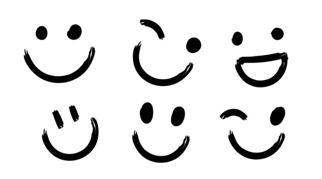 Happy Doodle Smile Collection Isolated on White Background. Simple Faces. Cute Icon Set.