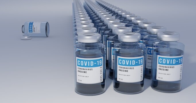 COVID-19 coronavirus vaccine glass bottles production line. One empty bottle. White grey background. 3D illustration. 