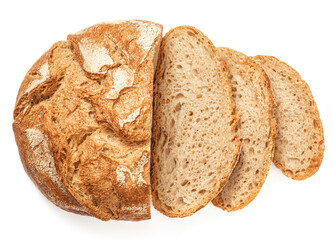 Freshly baked round  Bread isolated on white background.  Sliced, cutted wheat bread. Bakery,...