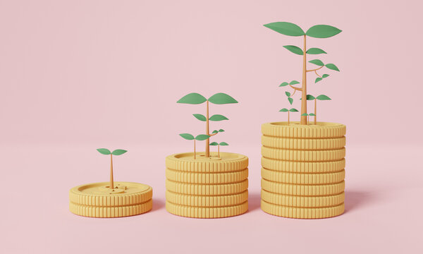Coin stacks growing graph with trees on pink pastel background. Saving money concept. finance sustainable development, storage money, business investment, economic growth. 3d render illustration