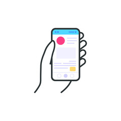 Hand hold the smartphone. Mobile phone touch screen in hand, icon flat design
