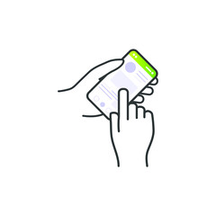 Hand hold the smartphone. Mobile phone finger touch screen, icon flat design