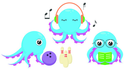 Set Abstract Collection Flat Cartoon Different Animal Blue Octopus Tentacles Reading Book, Bowling, Listening To Music On Headphones Vector Design Style Elements Fauna Wildlife