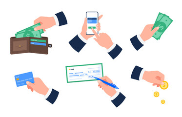Set of different payment options. Hands with cash, mobile banking, credit card, check, coins. Financial operations, transactions, and payment concepts. Vector flat illustrations.