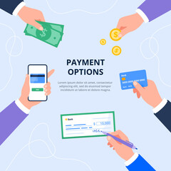 Payment method and option to transfer money. Cash, mobile app, credit card, check, coins. Financial operations, transactions, and payment concept. Vector flat illustration for banners, landing page.