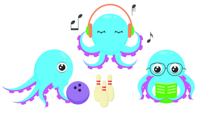 Set Abstract Collection Flat Cartoon Different Animal Blue Octopus Tentacles Reading Book, Bowling, Listening To Music On Headphones Vector Design Style Elements Fauna Wildlife