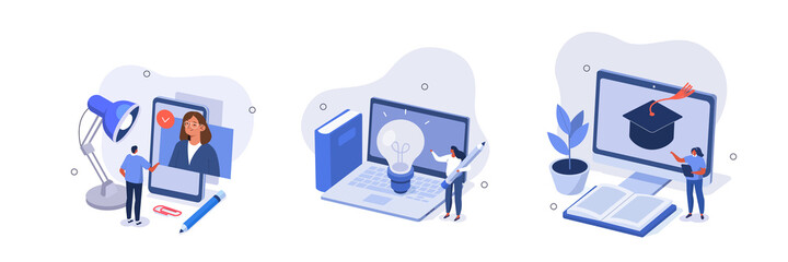
Self development illustration set. Characters educating online with laptop, smartphone and improving their skills. Self learning, online education and personal growth concept. Vector illustration.