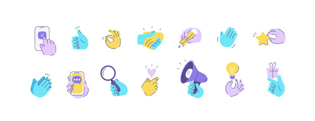 Colorful hands illustration set. Characters hands holding smartphone, megaphone, different objects. They pointing on something, waving and making other gestures. Vector illustration.