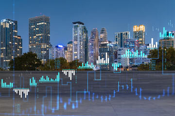 Obraz premium Rooftop with concrete terrace, Bangkok night skyline. Forecasting and business modeling of financial markets hologram digital charts. City downtown. Double exposure.