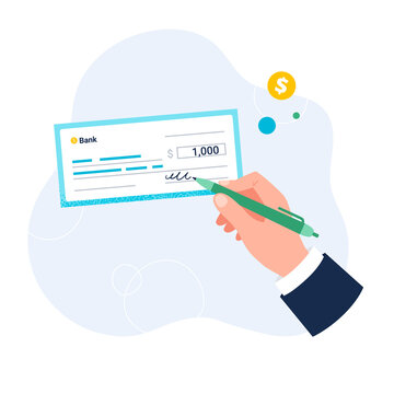 Hand fills empty fields on the bank cheque. Payment option concept. Vector flat illustration isolated on the white background.