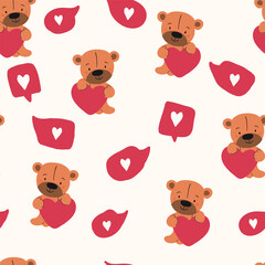 cute teddy bear with hearts, bedding pattern for kids, wrapping paper, vector textile fabric print