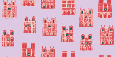 Vector seamless pattern with Parisian landmarks, monuments on pink background. Tourist pattern with french landmarks.