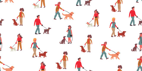 Fototapeta na wymiar Seamless pattern lover people on the walk. Lifestyle people walking outside with dogs. Wrapping paper vector template.