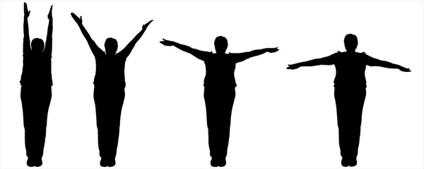 The woman is practicing wellness gymnastics. Exercises. A woman is standing there and moving hands: down, up, to the side, along the torso. Black female silhouettes are isolated on a white background.