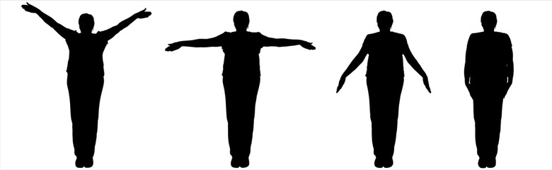 Exercises. A woman is standing there and moving hands: down, up, to the side, along the torso. The woman is practicing wellness gymnastics. Black female silhouettes are isolated on a white background.