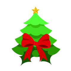 Christmas Tree with red ribbon bow. Isolated on white background. New Year Decorative Tree.